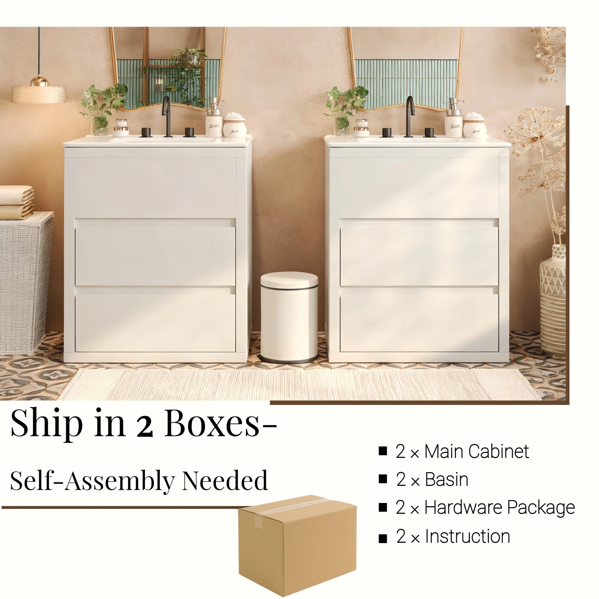 60" Double Sinks Bathroom Vanity Set, Bathroom Cabinet with Two Separate Ceramic Sinks, Full-Extension Drawers & Soft Close Undermount Drawer Slides, White
