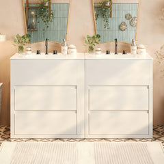 60" Double Sinks Bathroom Vanity Set, Bathroom Cabinet with Two Separate Ceramic Sinks, Full-Extension Drawers & Soft Close Undermount Drawer Slides, White