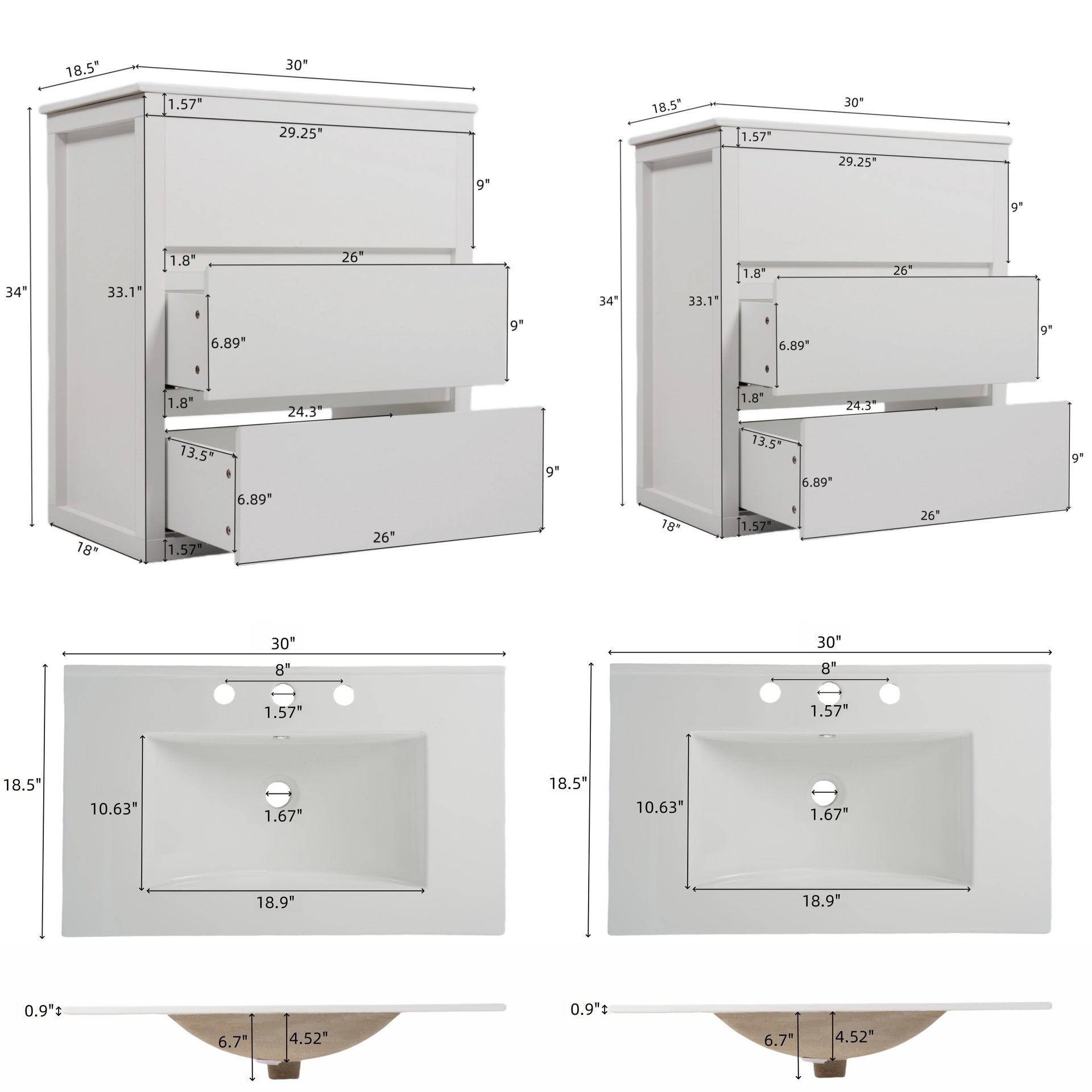 60" Double Sinks Bathroom Vanity Set, Bathroom Cabinet with Two Separate Ceramic Sinks, Full-Extension Drawers & Soft Close Undermount Drawer Slides, White