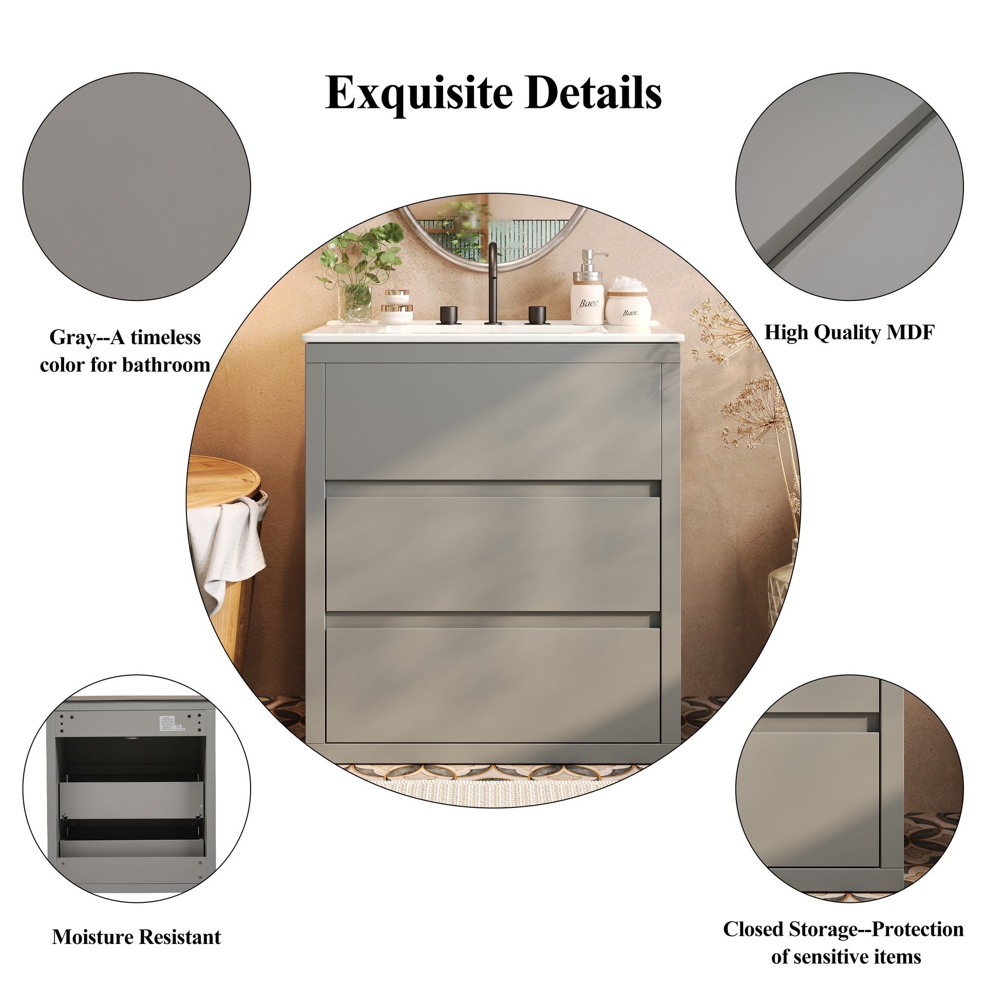 60" Double Sinks Bathroom Vanity Set, Bathroom Cabinet with Two Separate Ceramic Sinks, Full-Extension Drawers & Soft Close Undermount Drawer Slides, Gray