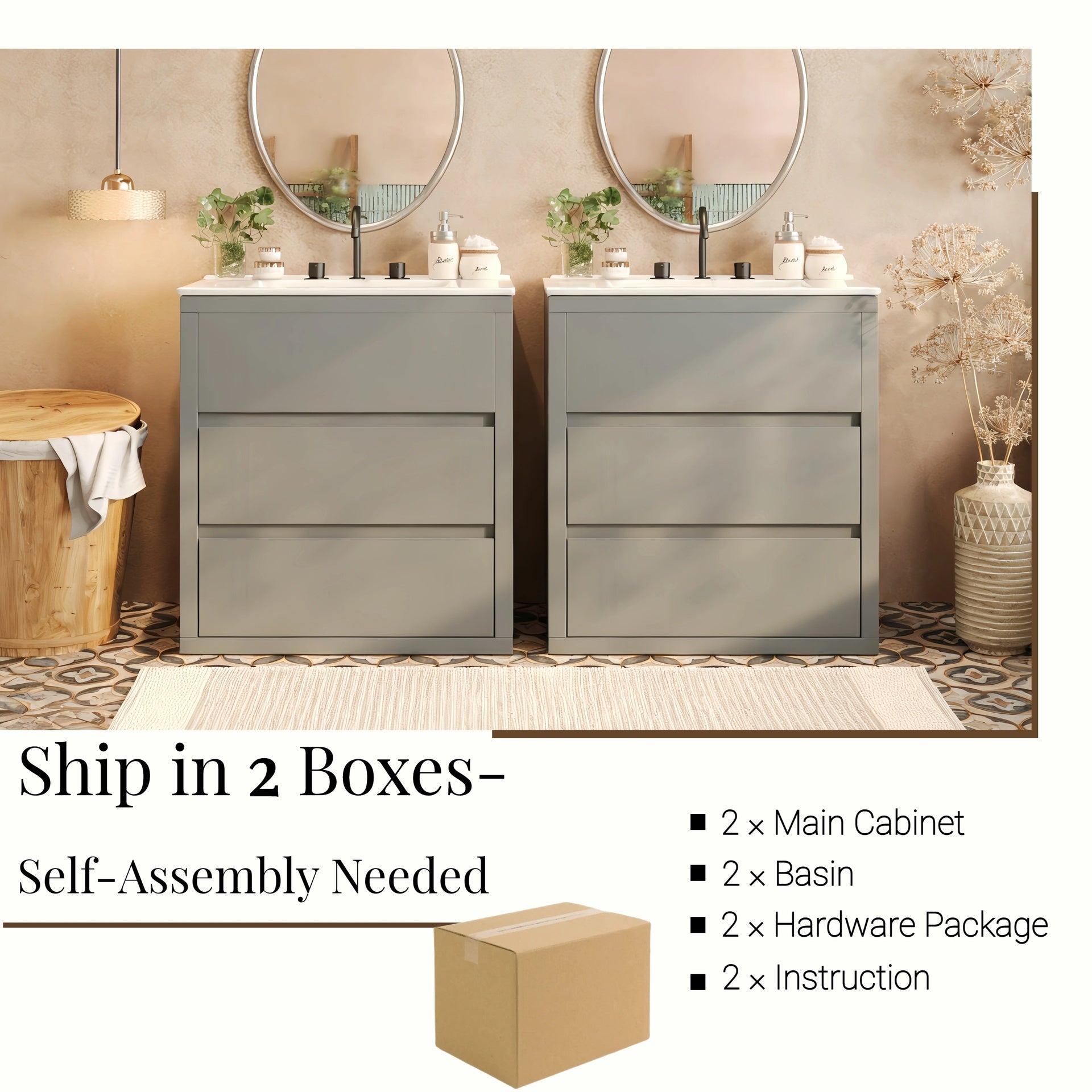 60" Double Sinks Bathroom Vanity Set, Bathroom Cabinet with Two Separate Ceramic Sinks, Full-Extension Drawers & Soft Close Undermount Drawer Slides, Gray