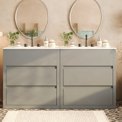 60" Double Sinks Bathroom Vanity Set, Bathroom Cabinet with Two Separate Ceramic Sinks, Full-Extension Drawers & Soft Close Undermount Drawer Slides, Gray