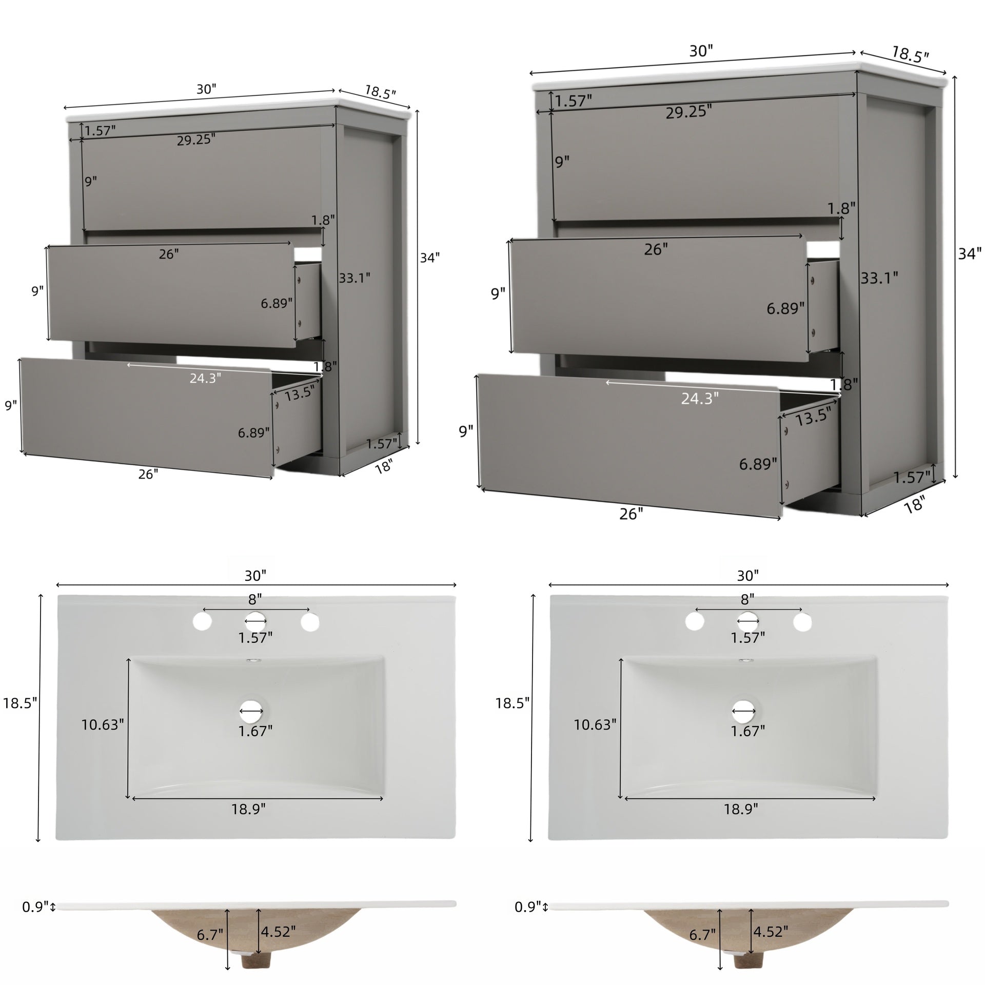 60" Double Sinks Bathroom Vanity Set, Bathroom Cabinet with Two Separate Ceramic Sinks, Full-Extension Drawers & Soft Close Undermount Drawer Slides, Gray