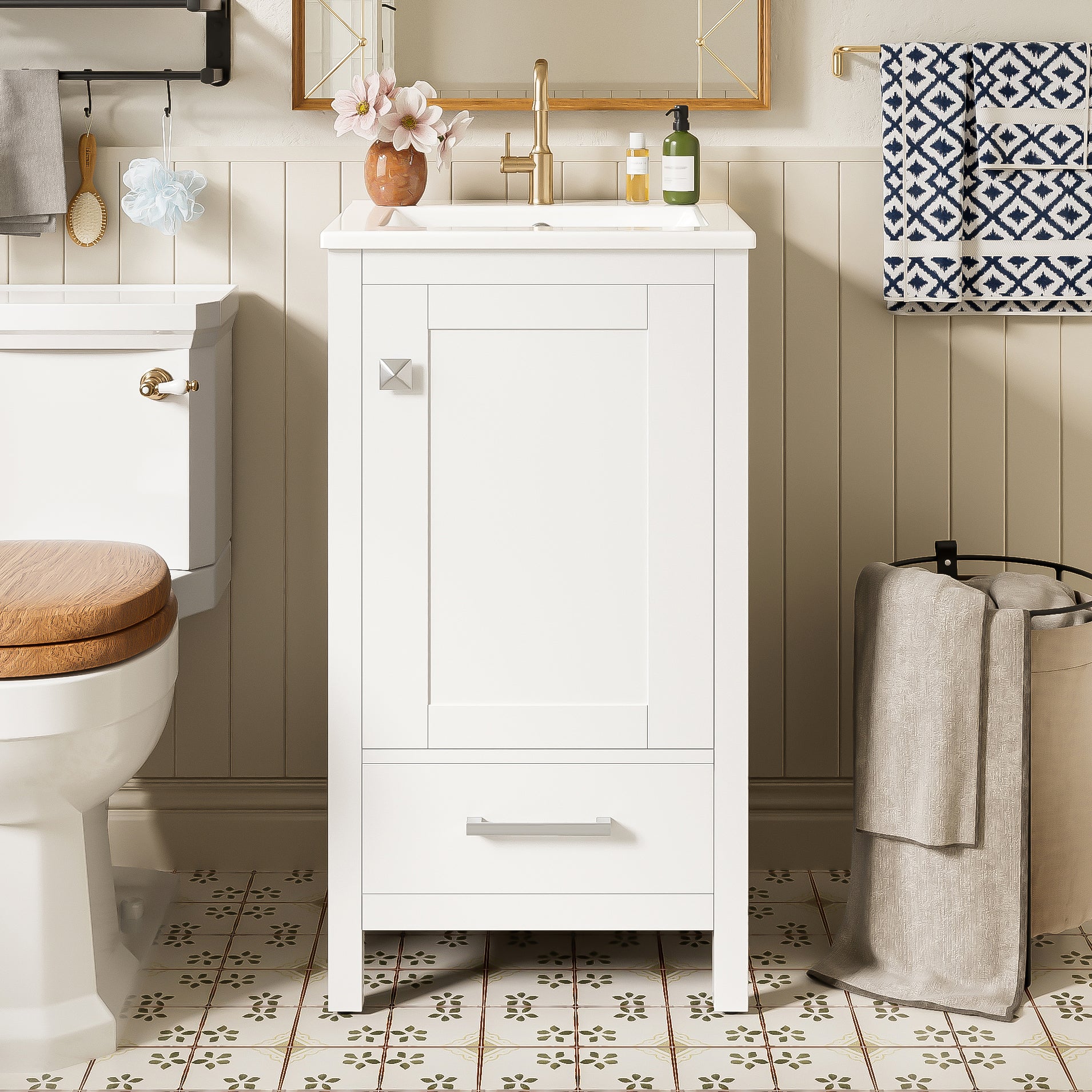 18-Inch Modern Bathroom Vanity with Ceramic Sink, Soft-Close Drawers and Door Organizer, Divider Drawer, and Adjustable Plastic Foot Pads – Space-Saving Storage Solution for Narrow Spaces