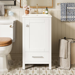 18-Inch Modern Bathroom Vanity with Ceramic Sink, Soft-Close Drawers and Door Organizer, Divider Drawer, and Adjustable Plastic Foot Pads – Space-Saving Storage Solution for Narrow Spaces