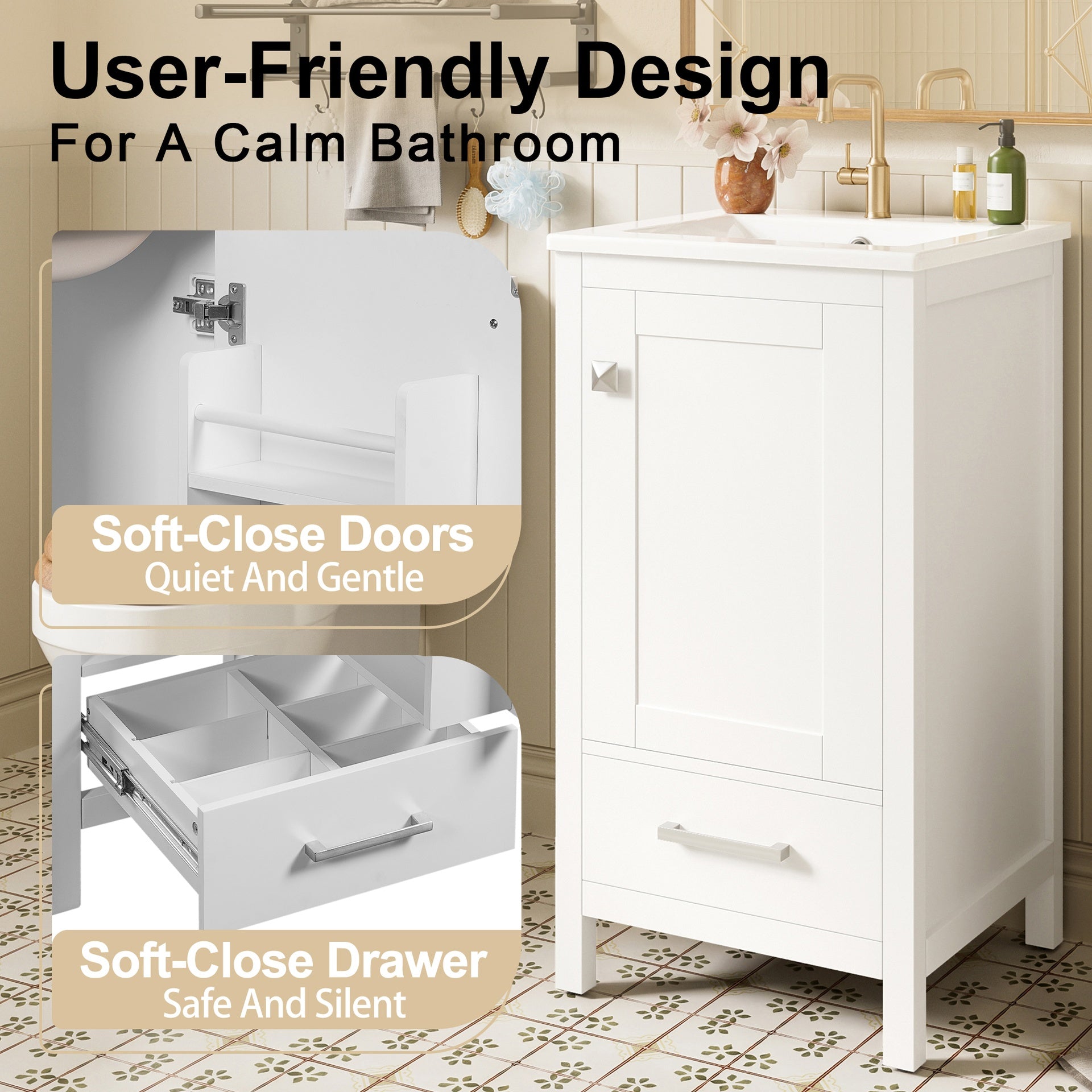 18-Inch Modern Bathroom Vanity with Ceramic Sink, Soft-Close Drawers and Door Organizer, Divider Drawer, and Adjustable Plastic Foot Pads – Space-Saving Storage Solution for Narrow Spaces