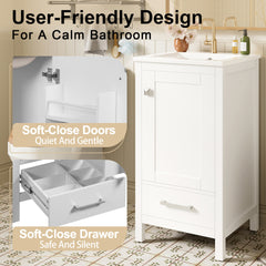 18-Inch Modern Bathroom Vanity with Ceramic Sink, Soft-Close Drawers and Door Organizer, Divider Drawer, and Adjustable Plastic Foot Pads – Space-Saving Storage Solution for Narrow Spaces