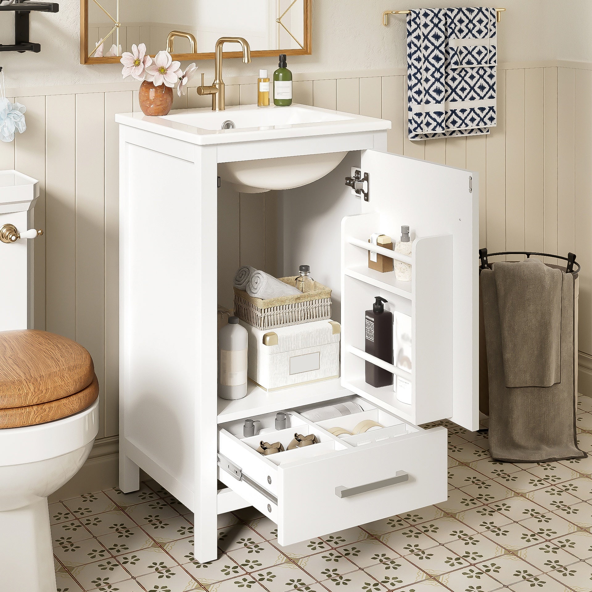 18-Inch Modern Bathroom Vanity with Ceramic Sink, Soft-Close Drawers and Door Organizer, Divider Drawer, and Adjustable Plastic Foot Pads – Space-Saving Storage Solution for Narrow Spaces