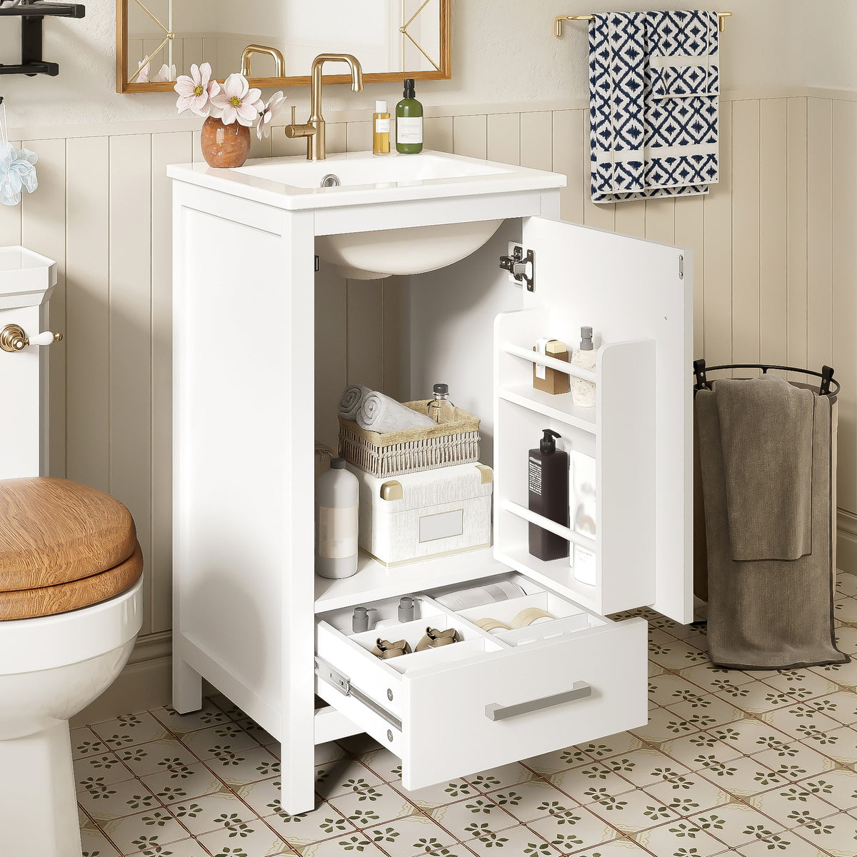 18-Inch Modern Bathroom Vanity with Ceramic Sink, Soft-Close Drawers and Door Organizer, Divider Drawer, and Adjustable Plastic Foot Pads – Space-Saving Storage Solution for Narrow Spaces