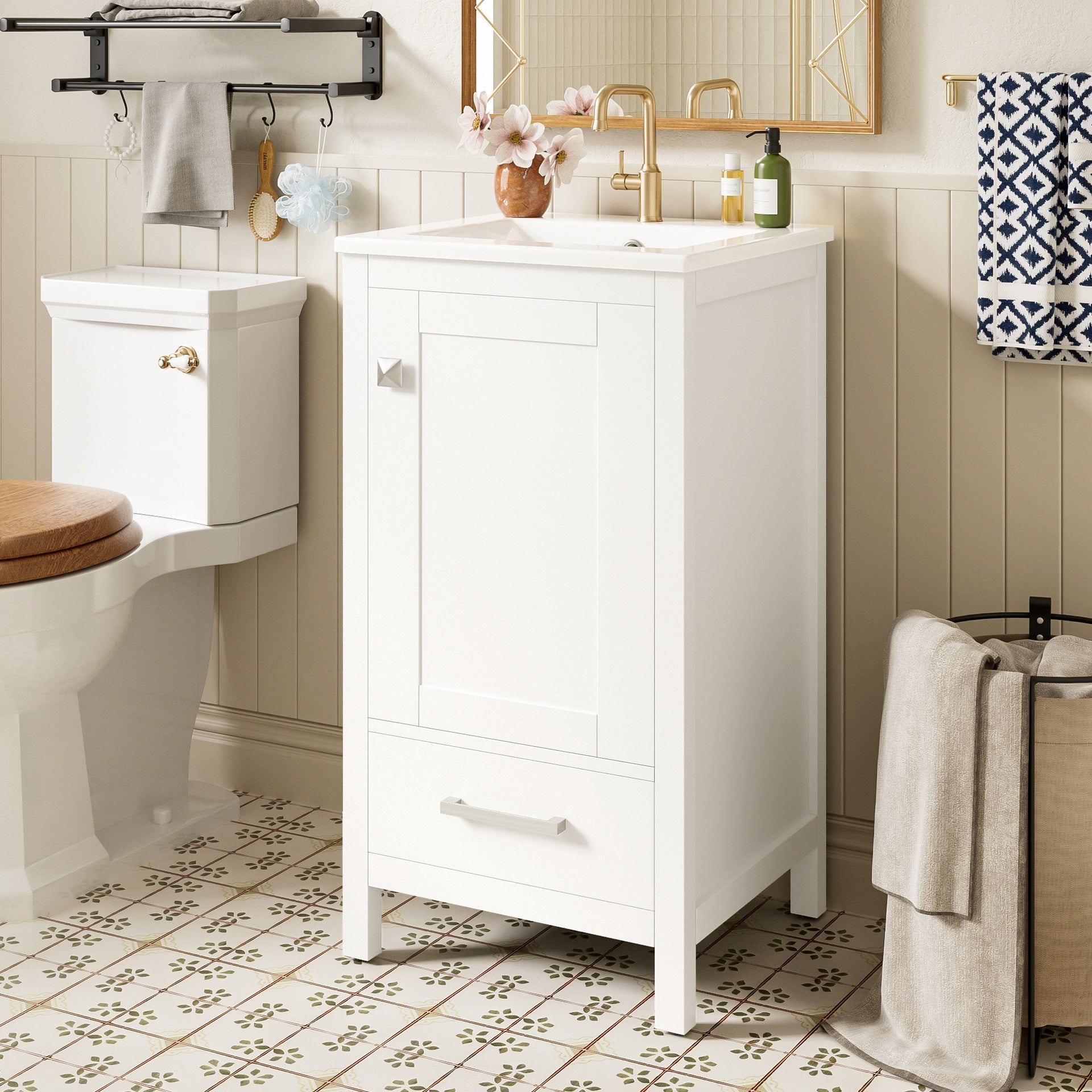 18-Inch Modern Bathroom Vanity with Ceramic Sink, Soft-Close Drawers and Door Organizer, Divider Drawer, and Adjustable Plastic Foot Pads – Space-Saving Storage Solution for Narrow Spaces
