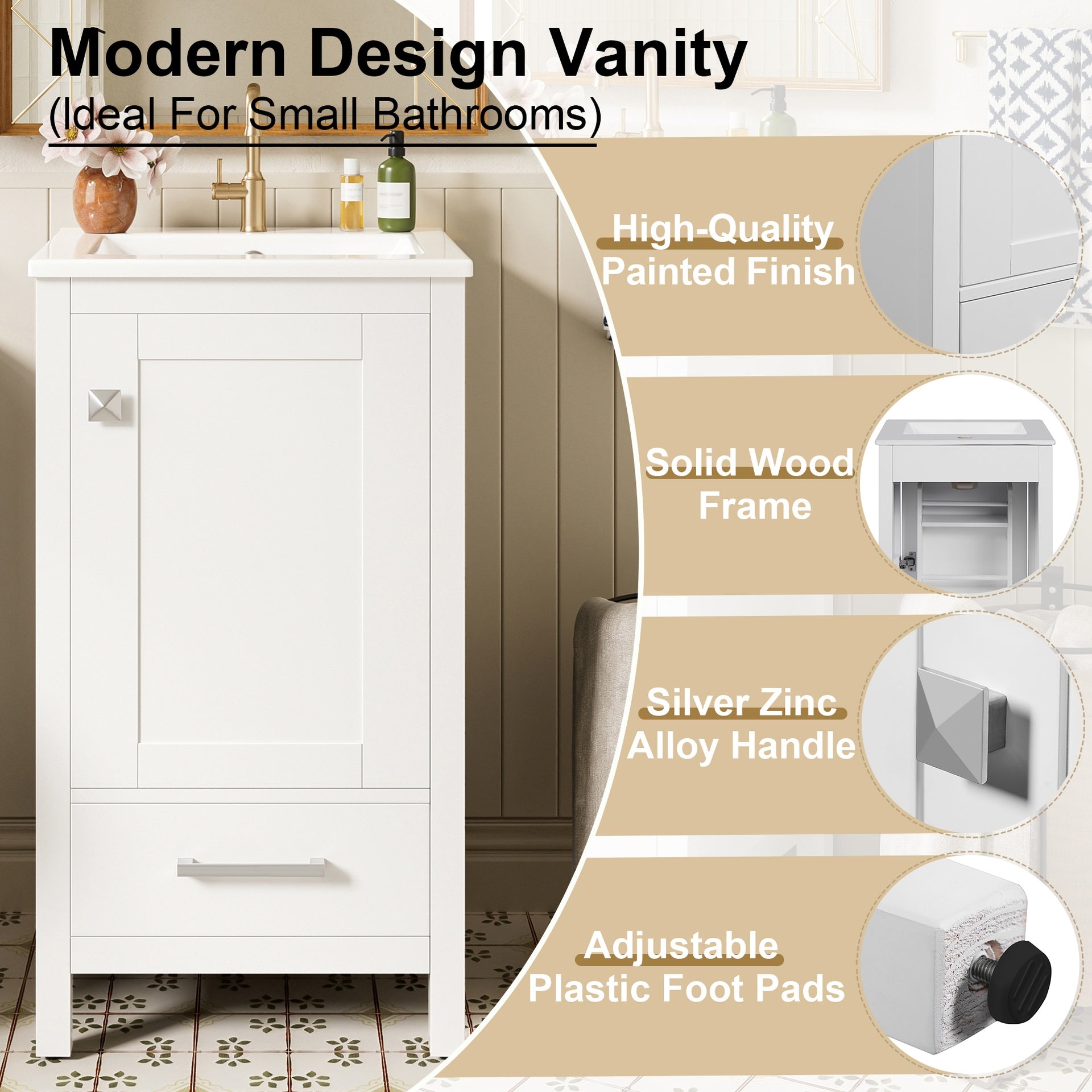 18-Inch Modern Bathroom Vanity with Ceramic Sink, Soft-Close Drawers and Door Organizer, Divider Drawer, and Adjustable Plastic Foot Pads – Space-Saving Storage Solution for Narrow Spaces