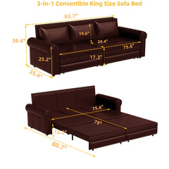 Chesterfield Sofa,93.7" King Pull Out Sofa Bed,3-in-1 Faux Leather Convertible Sleeper Sofa with Nailhead Trim & Rolled Arm,Multi-Functional Sofa Bed for Living Room,Bedroom