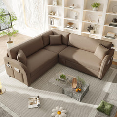 85.1" L-Shaped Sofa Couch with Pull-Out Bed,Oversize Convertible Sleeper Sofa with side Pocket & USB Port,Teddy Upholstered Sectional Couches, for Living Room, Apartment, Office,Brown