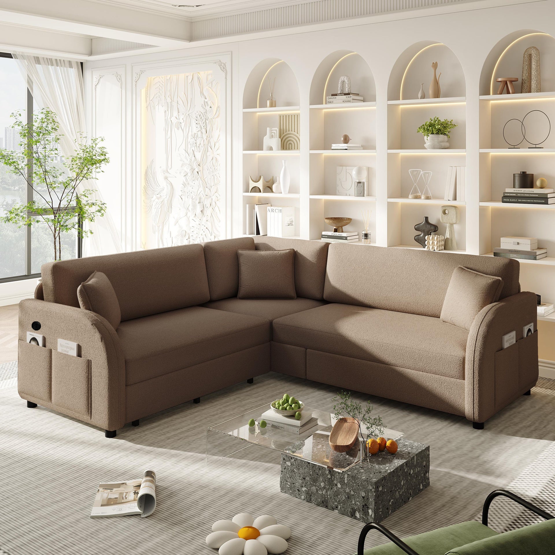 85.1" L-Shaped Sofa Couch with Pull-Out Bed,Oversize Convertible Sleeper Sofa with side Pocket & USB Port,Teddy Upholstered Sectional Couches, for Living Room, Apartment, Office,Brown