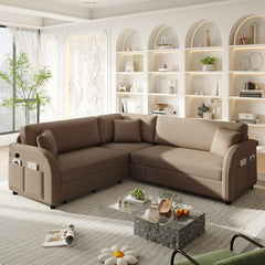 85.1" L-Shaped Sofa Couch with Pull-Out Bed,Oversize Convertible Sleeper Sofa with side Pocket & USB Port,Teddy Upholstered Sectional Couches, for Living Room, Apartment, Office,Brown