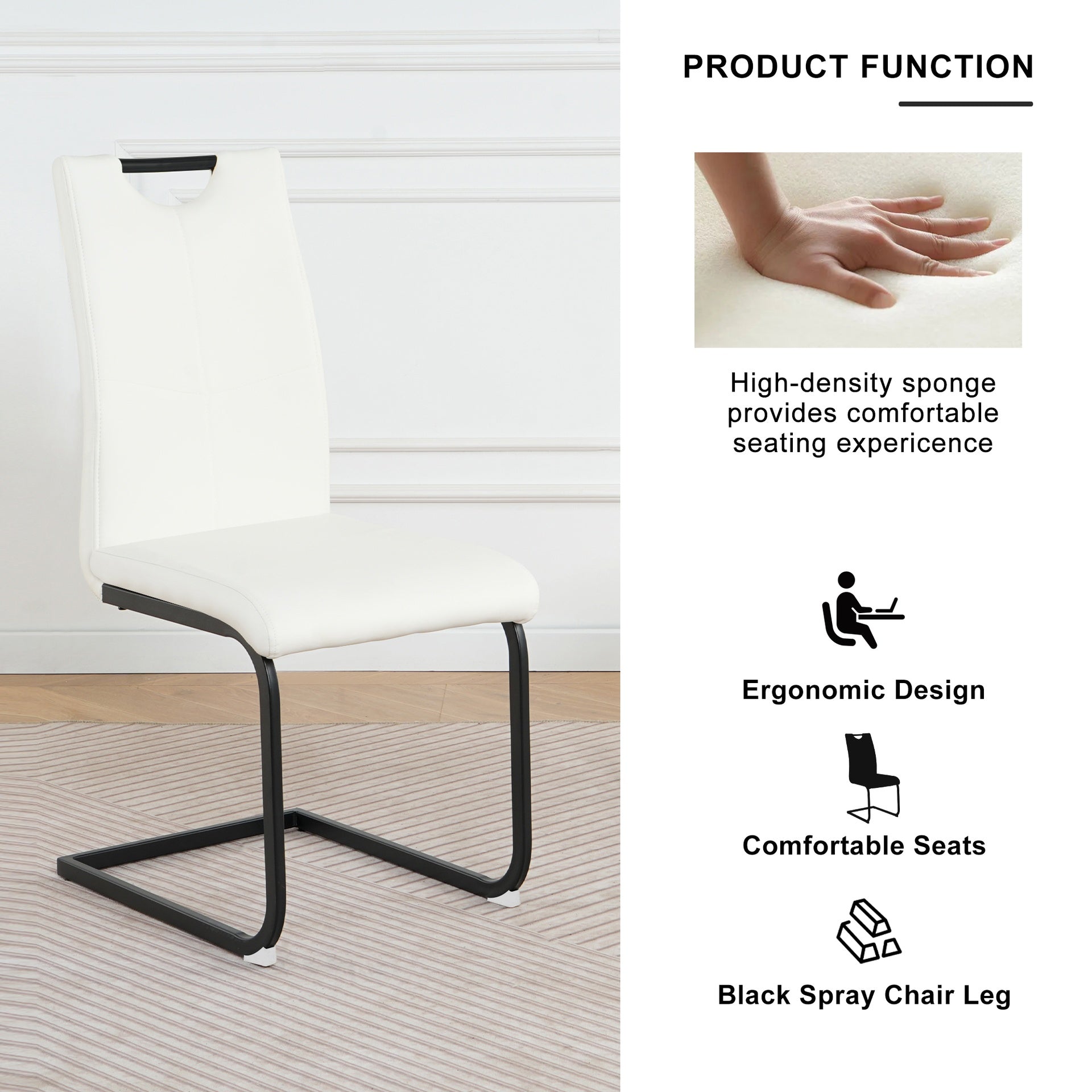 Modern White PU dining chair living room chair upholstered chair, black metal chair leg design, kitchen, living room, bedroom, dining room side chair (Set of 4)
