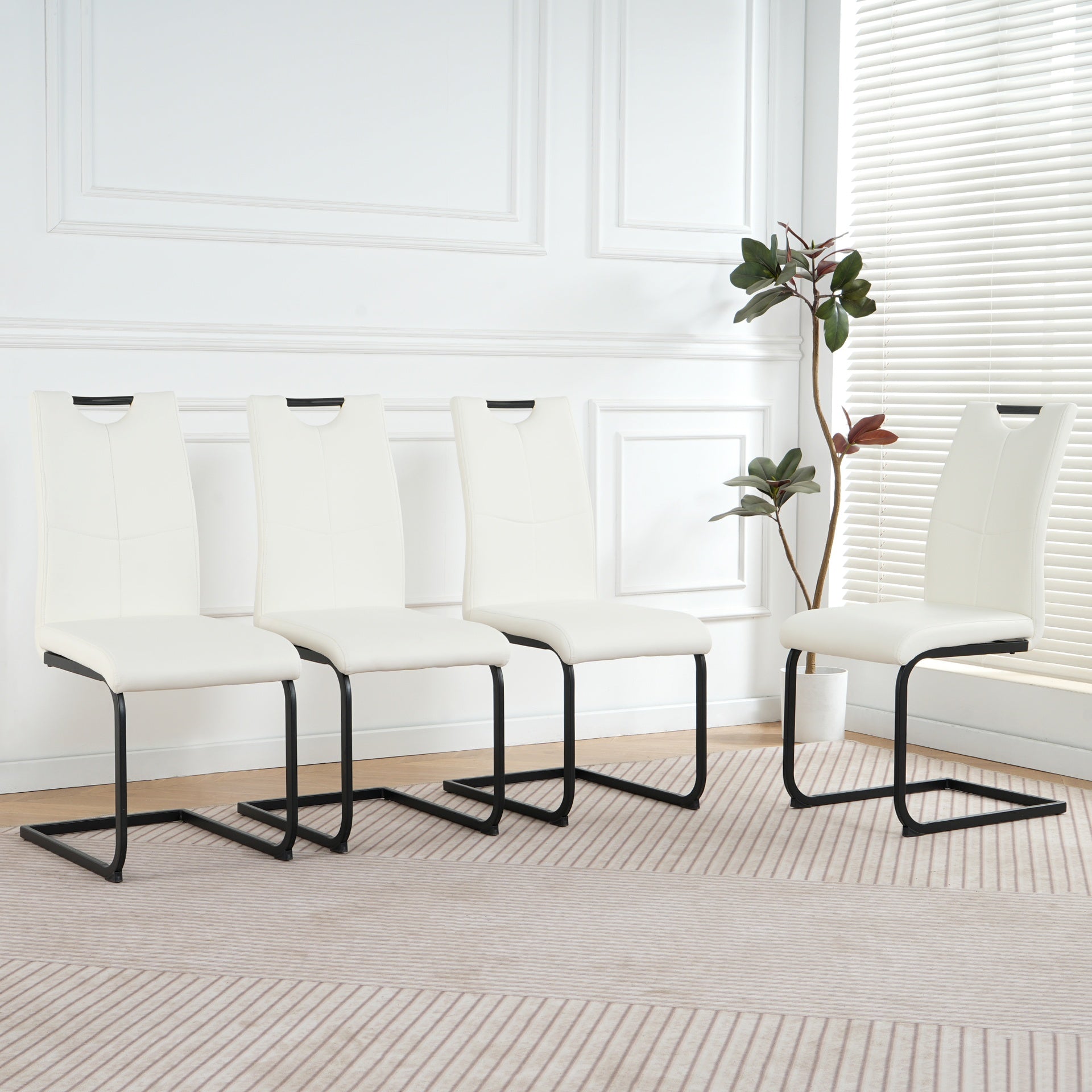 Modern White PU dining chair living room chair upholstered chair, black metal chair leg design, kitchen, living room, bedroom, dining room side chair (Set of 4)