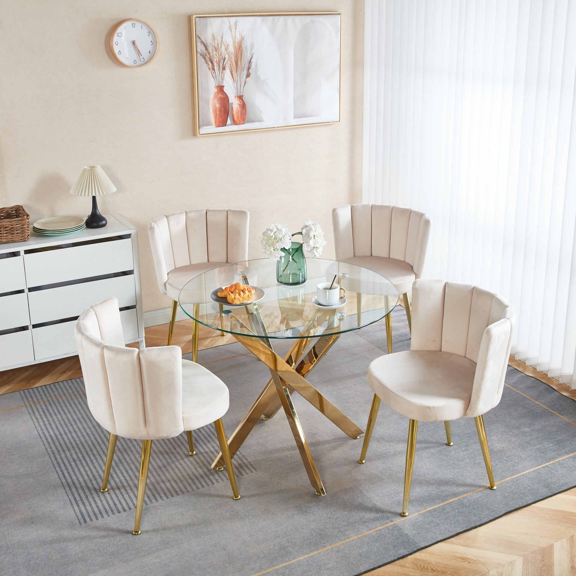 Modern OFF WHITE dining chair(set of 2 ) with iron tube golden color legs, velvet and comfortable backrest, suitable for dining room, living room, cafe, simple structure.