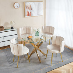 Modern OFF WHITE dining chair(set of 2 ) with iron tube golden color legs, velvet and comfortable backrest, suitable for dining room, living room, cafe, simple structure.