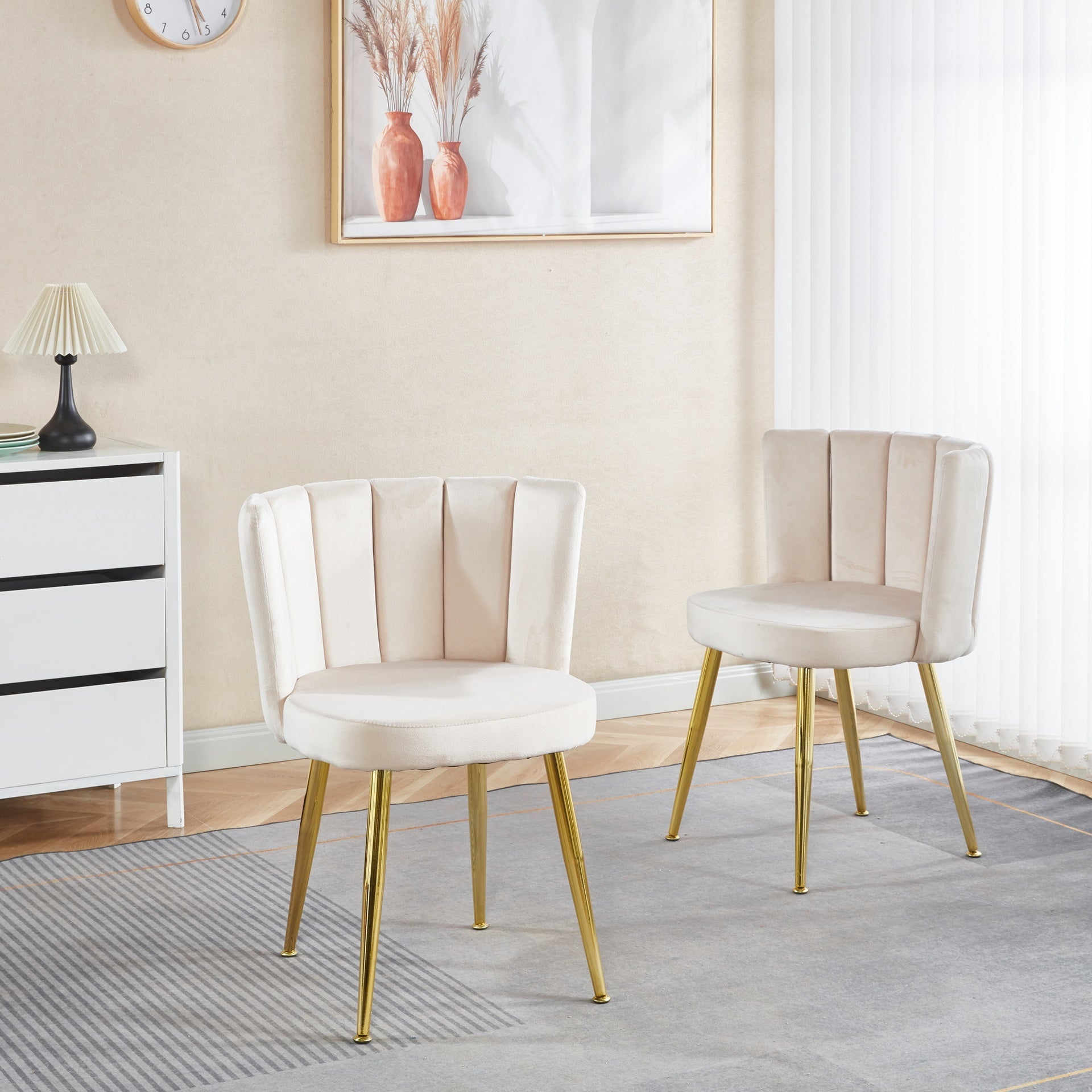 Modern OFF WHITE dining chair(set of 2 ) with iron tube golden color legs, velvet and comfortable backrest, suitable for dining room, living room, cafe, simple structure.