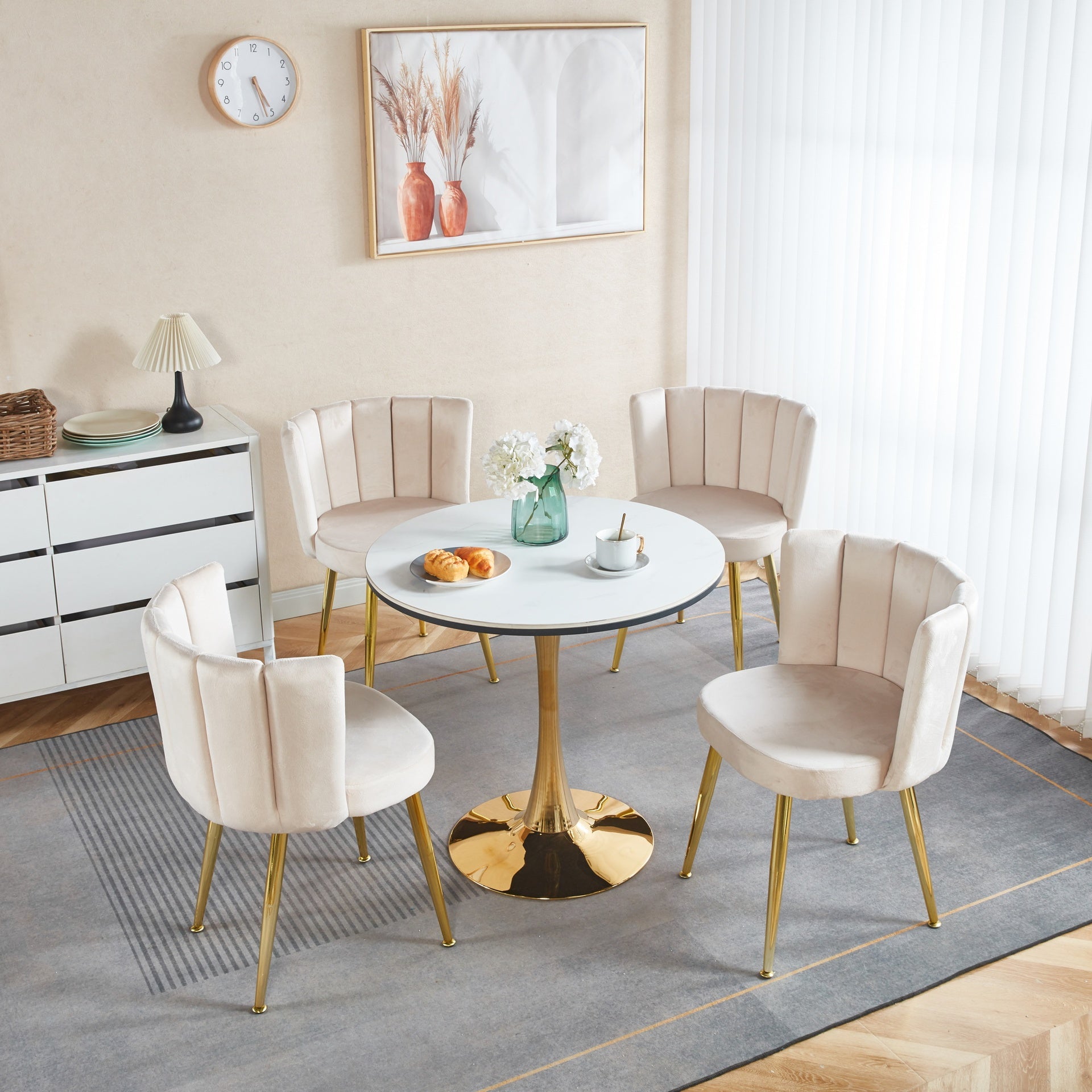 Modern OFF WHITE dining chair(set of 2 ) with iron tube golden color legs, velvet and comfortable backrest, suitable for dining room, living room, cafe, simple structure.