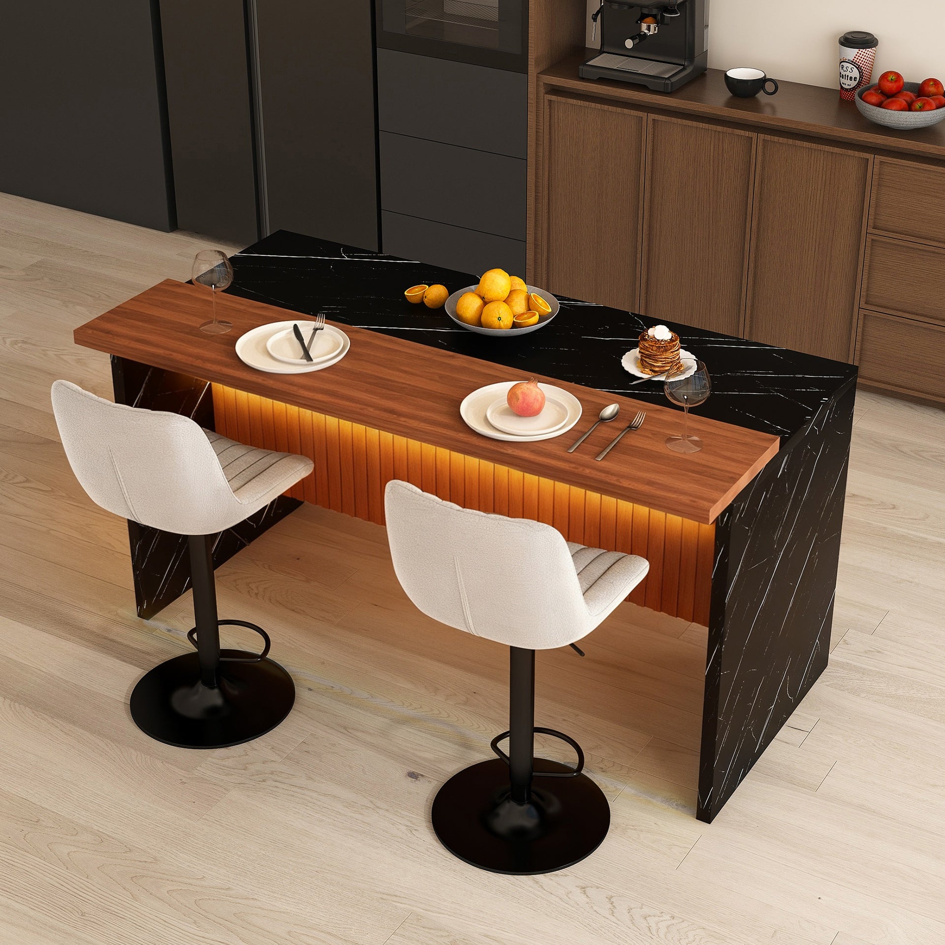 63" Modern Kitchen Island Set with 2 Gray Bar Stools - Black Marble Look Surface, LED Lighting & Grill Design for Dining Room, Open Concept Spaces, Lounge(2 Gray Bar Stools)