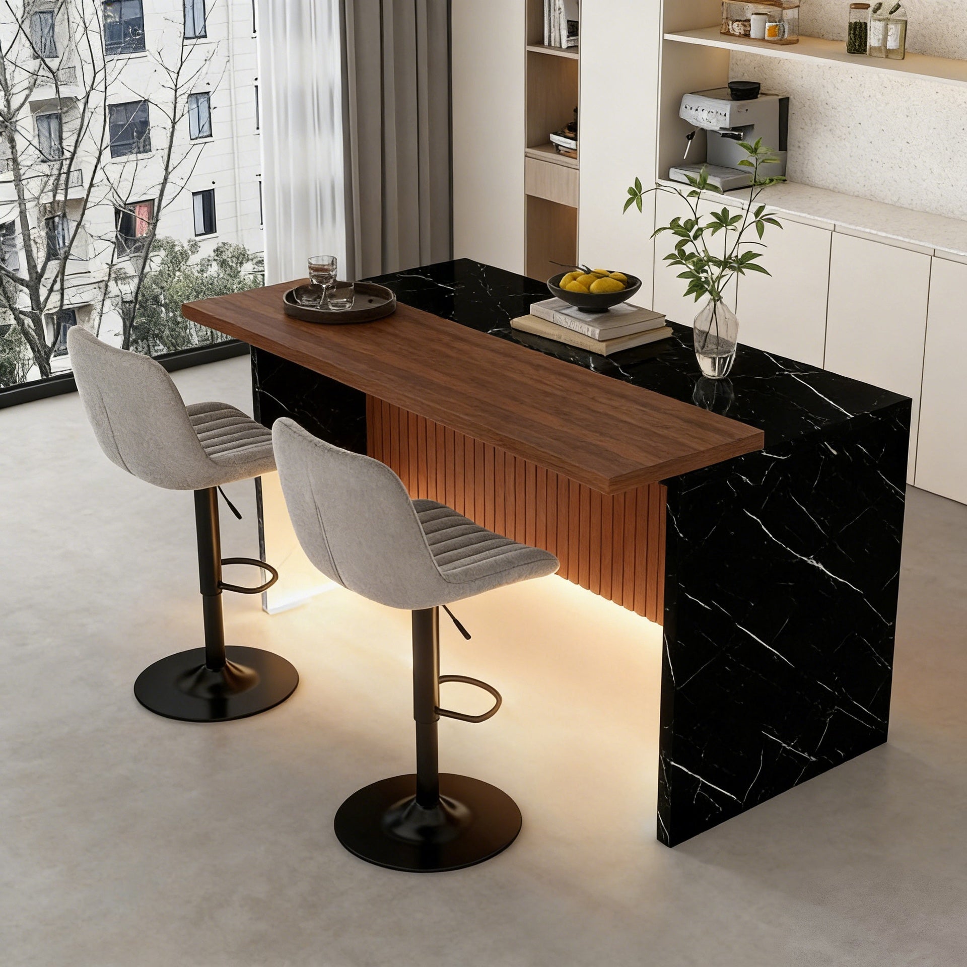 63" Modern Kitchen Island Set with 2 Gray Bar Stools - Black Marble Look Surface, LED Lighting & Grill Design for Dining Room, Open Concept Spaces, Lounge(2 Gray Bar Stools)