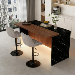 63" Modern Kitchen Island Set with 2 Gray Bar Stools - Black Marble Look Surface, LED Lighting & Grill Design for Dining Room, Open Concept Spaces, Lounge(2 Gray Bar Stools)