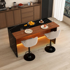 63" Modern Kitchen Island Set with 2 Gray Bar Stools - Black Marble Look Surface, LED Lighting & Grill Design for Dining Room, Open Concept Spaces, Lounge(2 Gray Bar Stools)