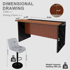 63" Modern Kitchen Island Set with 2 Gray Bar Stools - Black Marble Look Surface, LED Lighting & Grill Design for Dining Room, Open Concept Spaces, Lounge(2 Gray Bar Stools)