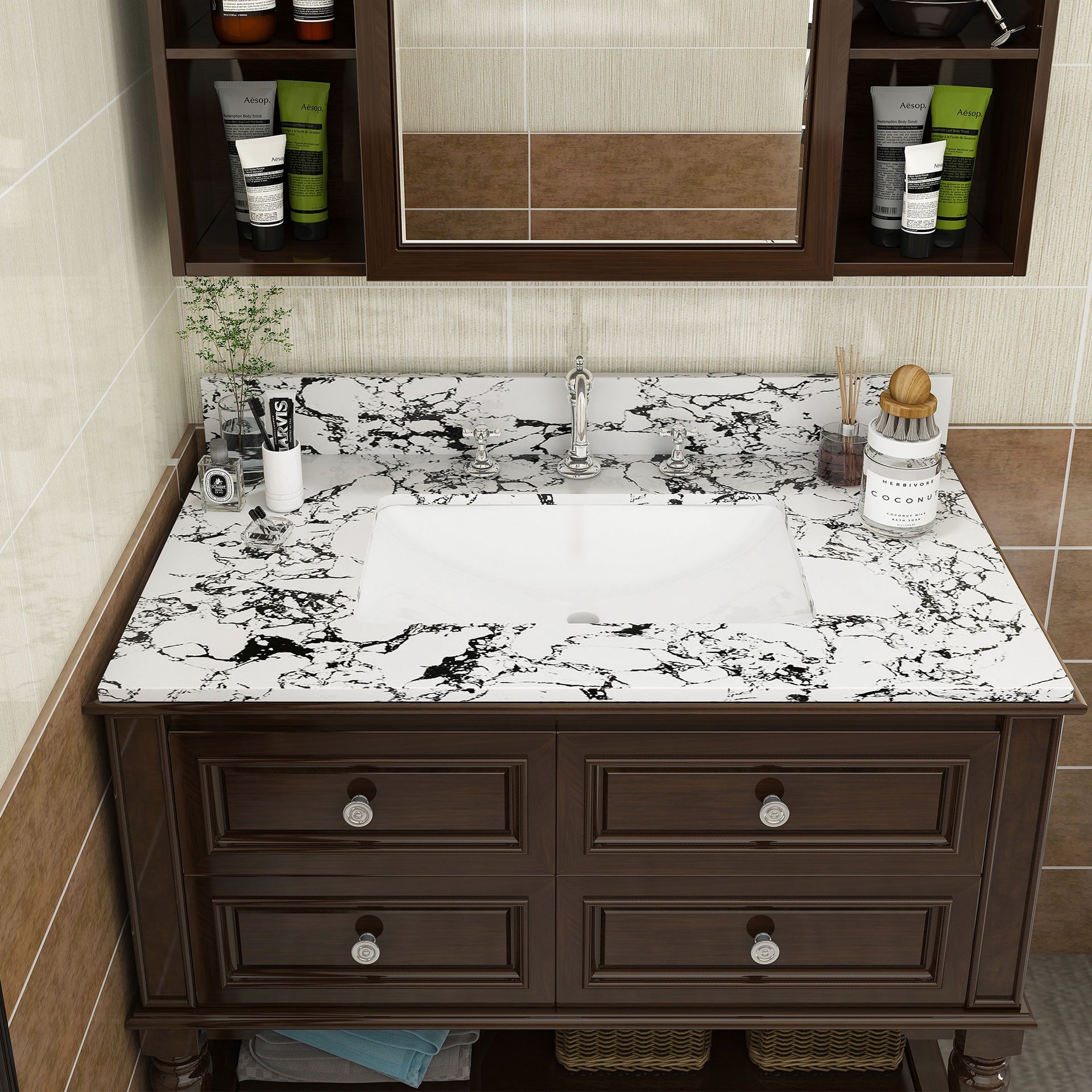 37"x22" Bathroom Vanity Top, with Undermount Ceramic Sink and Backsplash, artificial marble Bathroom Vanity Top with 3 Faucet Holes, New Carrara white and black( only Bathroom Vanity Top )