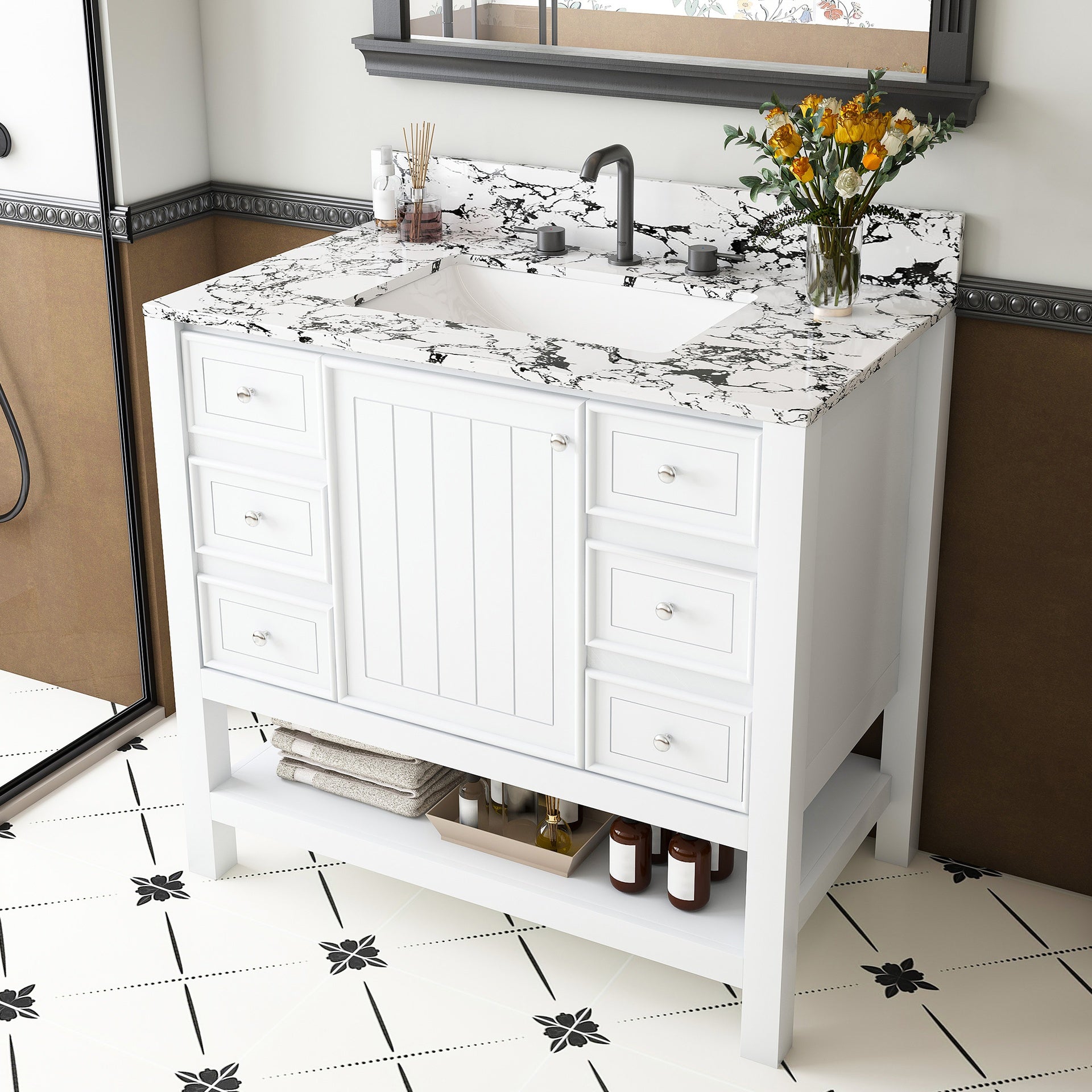Modern 37"Bathroom Vanity with  white top Set , Multi-functional Bathroom Cabinet with Doors and Drawer, With 3 drawers and a storage cabinet, Solid Frame and MDF (Three faucet hole)