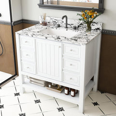 Modern 37"Bathroom Vanity with  white top Set , Multi-functional Bathroom Cabinet with Doors and Drawer, With 3 drawers and a storage cabinet, Solid Frame and MDF (Three faucet hole)