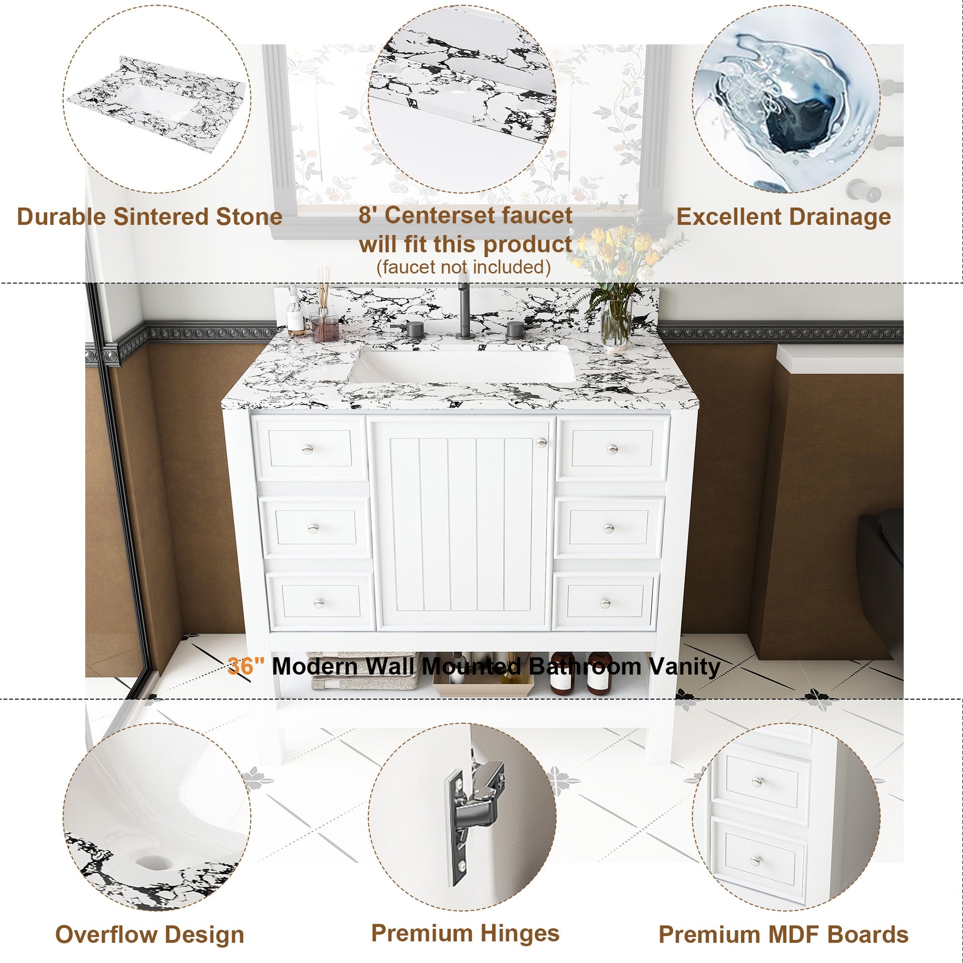 Modern 37"Bathroom Vanity with  white top Set , Multi-functional Bathroom Cabinet with Doors and Drawer, With 3 drawers and a storage cabinet, Solid Frame and MDF (Three faucet hole)