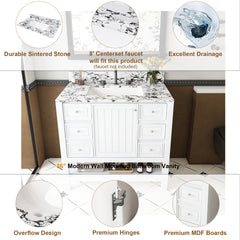 Modern 37"Bathroom Vanity with  white top Set , Multi-functional Bathroom Cabinet with Doors and Drawer, With 3 drawers and a storage cabinet, Solid Frame and MDF (Three faucet hole)