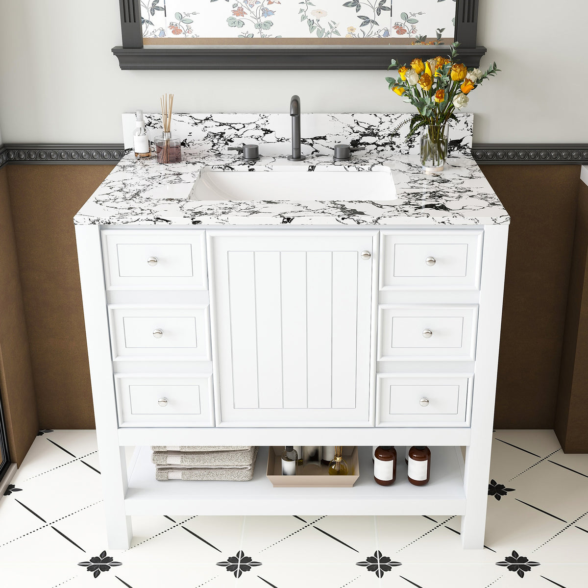Modern 37"Bathroom Vanity with  white top Set , Multi-functional Bathroom Cabinet with Doors and Drawer, With 3 drawers and a storage cabinet, Solid Frame and MDF (Three faucet hole)