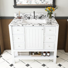 Modern 37"Bathroom Vanity with  white top Set , Multi-functional Bathroom Cabinet with Doors and Drawer, With 3 drawers and a storage cabinet, Solid Frame and MDF (Three faucet hole)