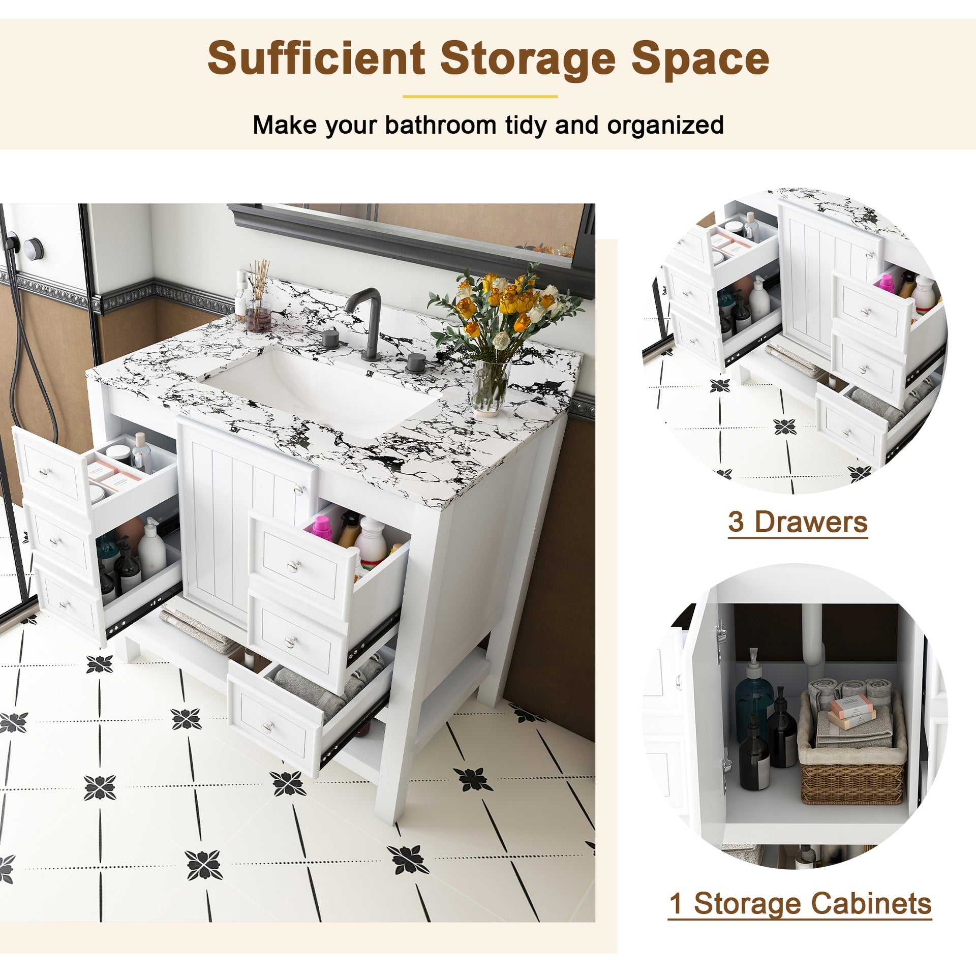 Modern 37"Bathroom Vanity with  white top Set , Multi-functional Bathroom Cabinet with Doors and Drawer, With 3 drawers and a storage cabinet, Solid Frame and MDF (Three faucet hole)