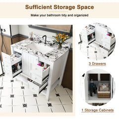 Modern 37"Bathroom Vanity with  white top Set , Multi-functional Bathroom Cabinet with Doors and Drawer, With 3 drawers and a storage cabinet, Solid Frame and MDF (Three faucet hole)