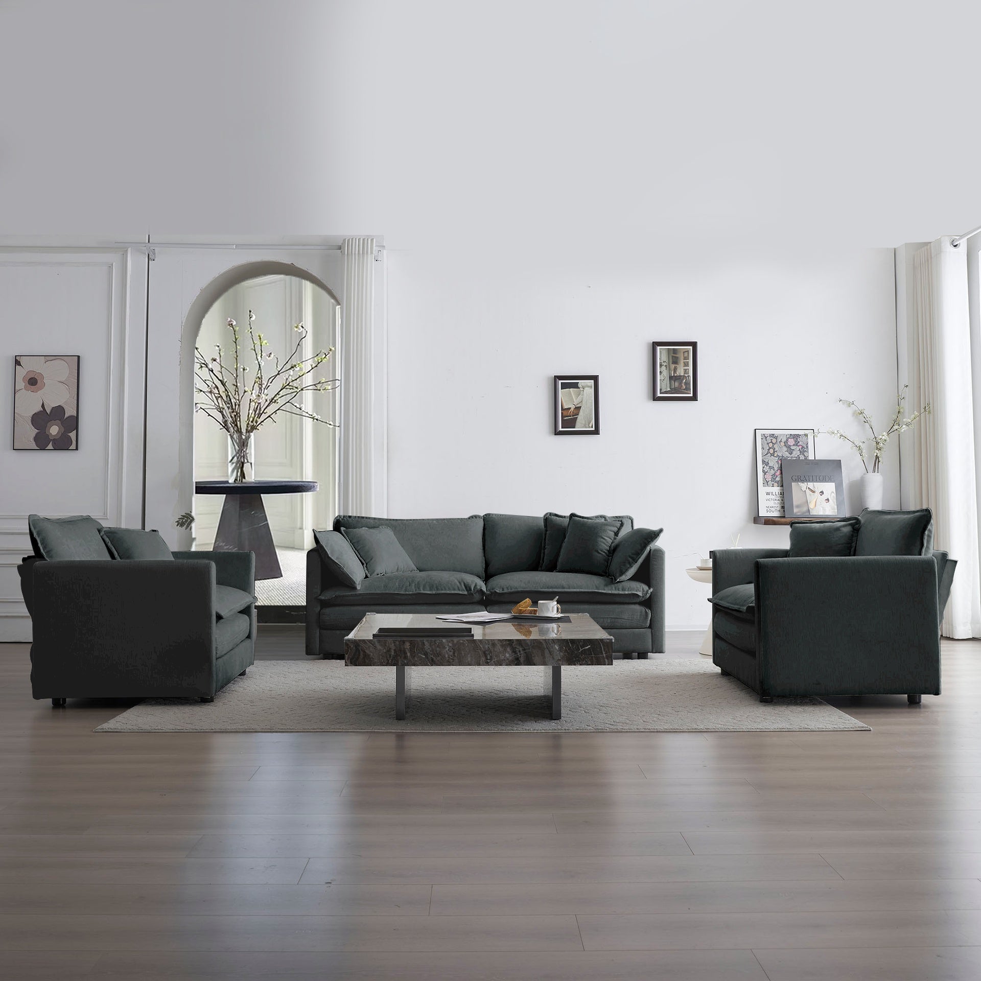 3 Piece Sofa Set with Arm Pillows and Toss Pillows , Sofa Set Include 2- Piece of Arm Chair and One 2-seat Sofa, Space Saving Casual Sofa Set for Living Room, Gray Chenille