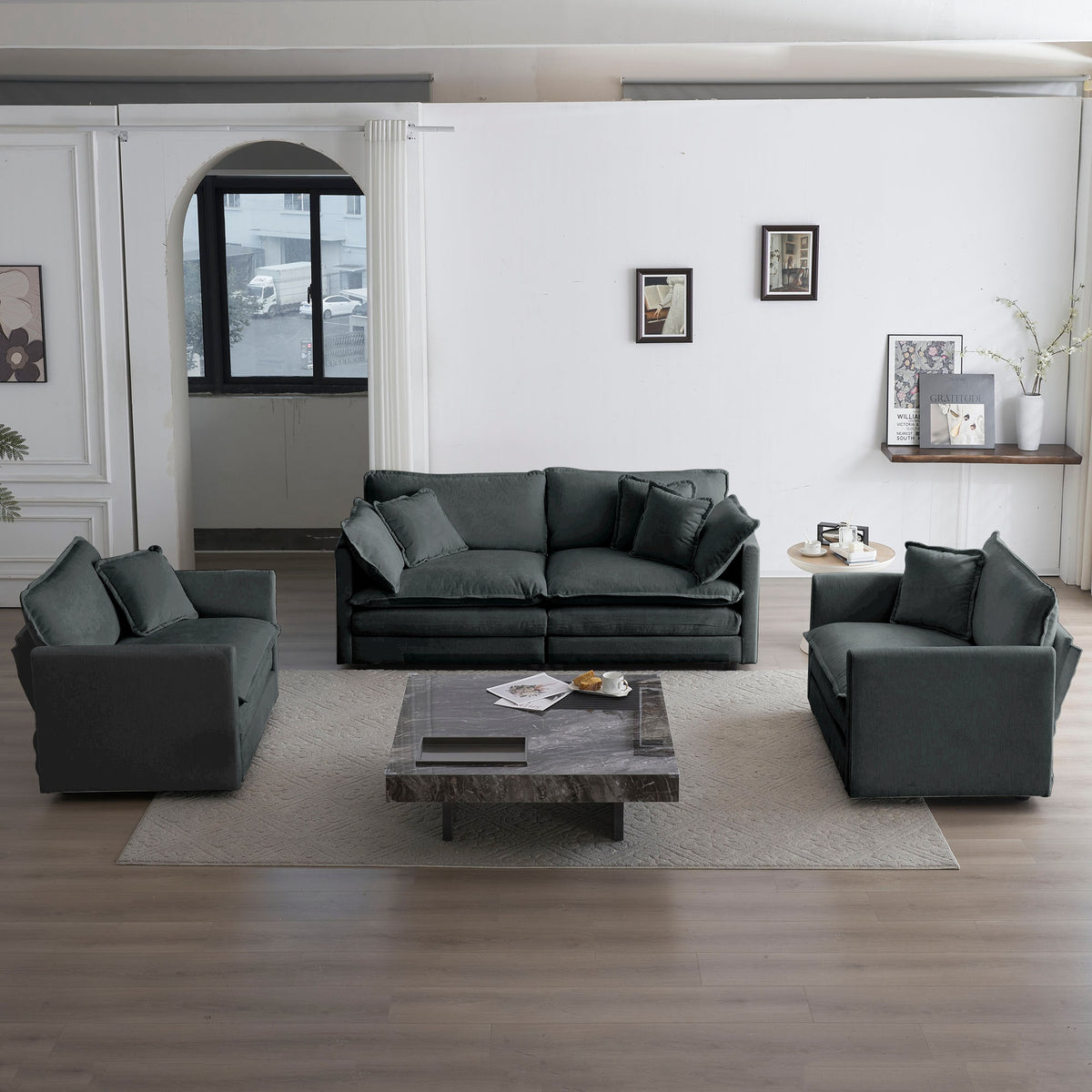 3 Piece Sofa Set with Arm Pillows and Toss Pillows , Sofa Set Include 2- Piece of Arm Chair and One 2-seat Sofa, Space Saving Casual Sofa Set for Living Room, Gray Chenille