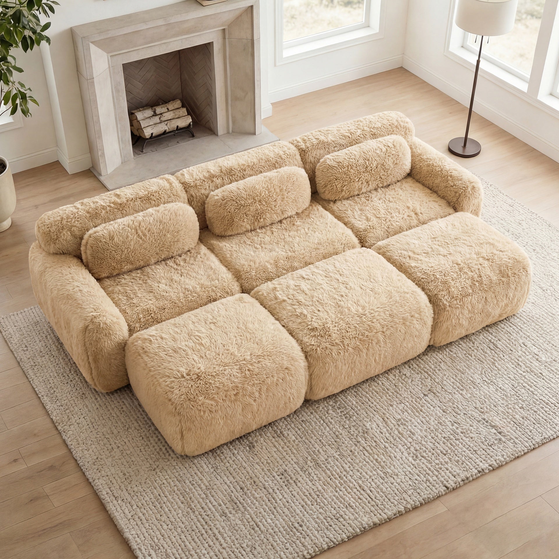 3-Seater Soft Plush Fabric,32D High Density Spong,Movable Ottoman Free Combination,No Assembly Required Bottom Anti-Slip Design,Buckle Connection,For Bedroom,Living Room, And Home Theater,Light Khaki