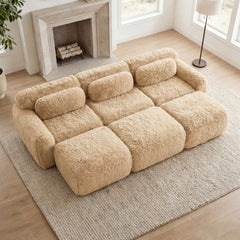 3-Seater Soft Plush Fabric,32D High Density Spong,Movable Ottoman Free Combination,No Assembly Required Bottom Anti-Slip Design,Buckle Connection,For Bedroom,Living Room, And Home Theater,Light Khaki