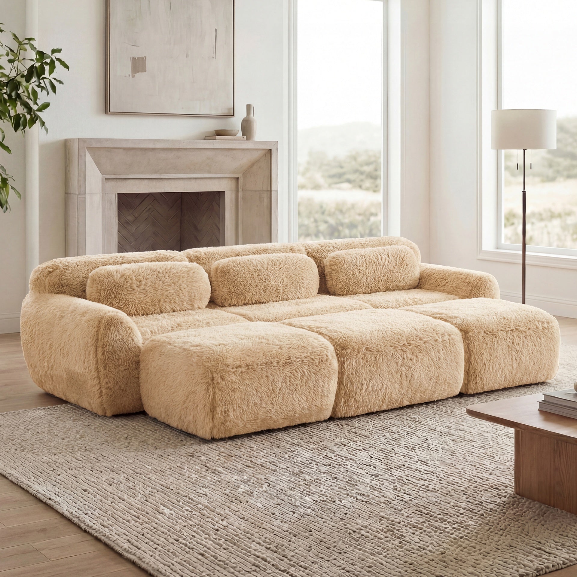3-Seater Soft Plush Fabric,32D High Density Spong,Movable Ottoman Free Combination,No Assembly Required Bottom Anti-Slip Design,Buckle Connection,For Bedroom,Living Room, And Home Theater,Light Khaki