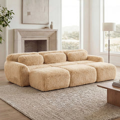 3-Seater Soft Plush Fabric,32D High Density Spong,Movable Ottoman Free Combination,No Assembly Required Bottom Anti-Slip Design,Buckle Connection,For Bedroom,Living Room, And Home Theater,Light Khaki