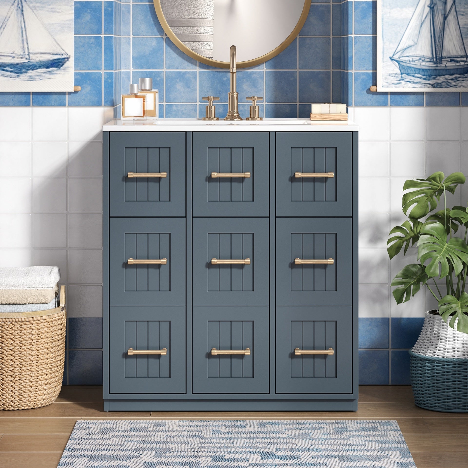 30inch Bathroom Vanity with Undermount Sink and Drawers, Painted Surface, Soft-Close Doors, Bathroom Cabinet with Tip-Out Drawer