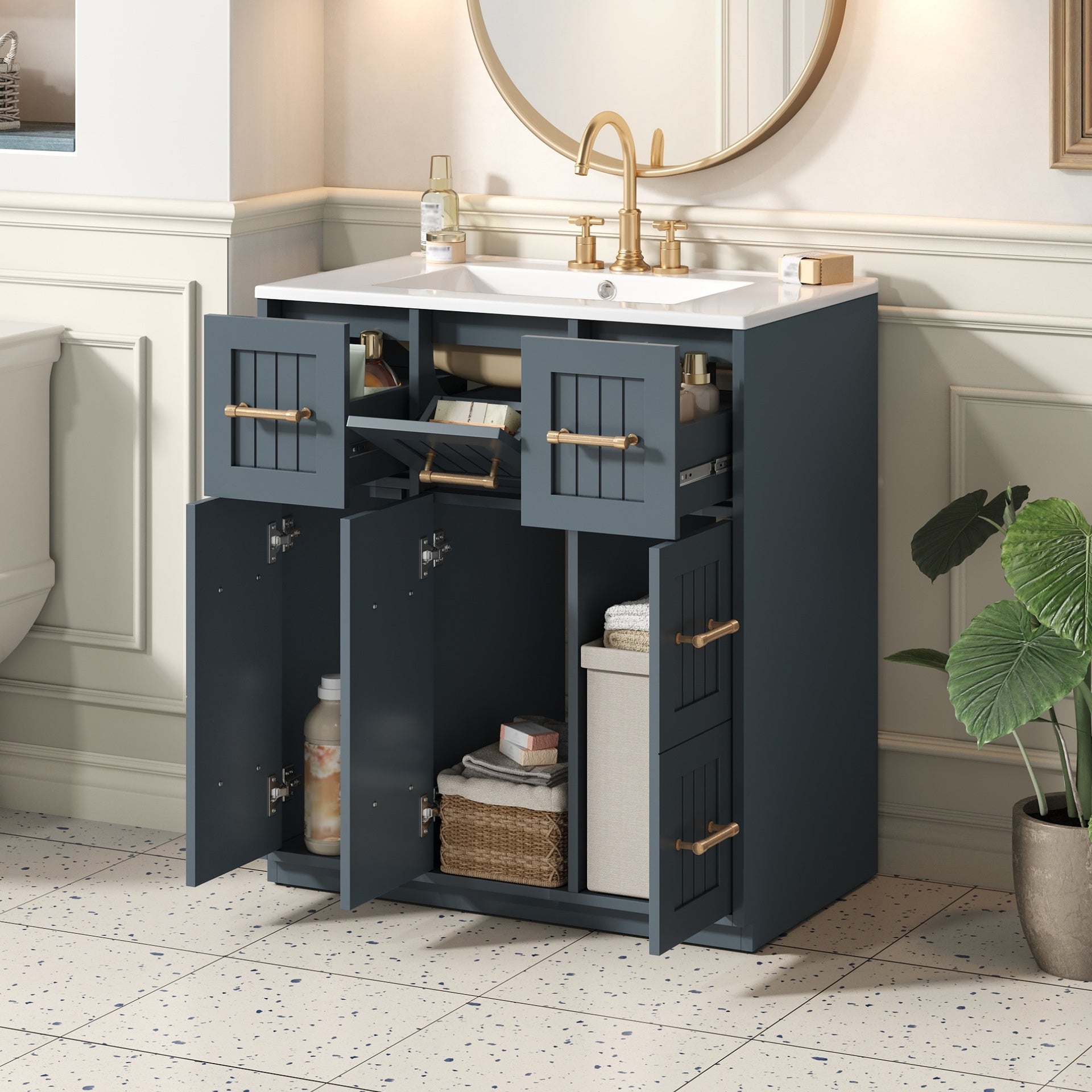 30inch Bathroom Vanity with Undermount Sink and Drawers, Painted Surface, Soft-Close Doors, Bathroom Cabinet with Tip-Out Drawer