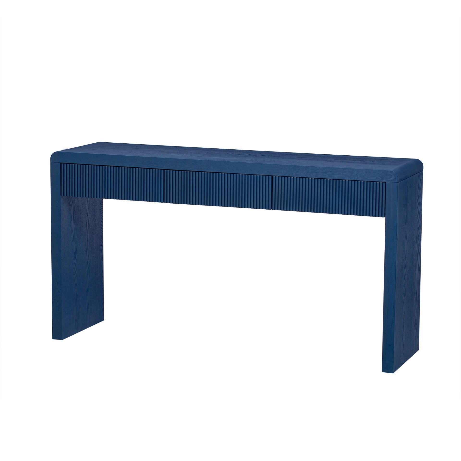 TREXM Rustic Console Table with 3 Fluted Drawers - Solid Wood Veneer Entryway Table Featuring Natural Wood Grain for Living Room, Hallway (Navy)