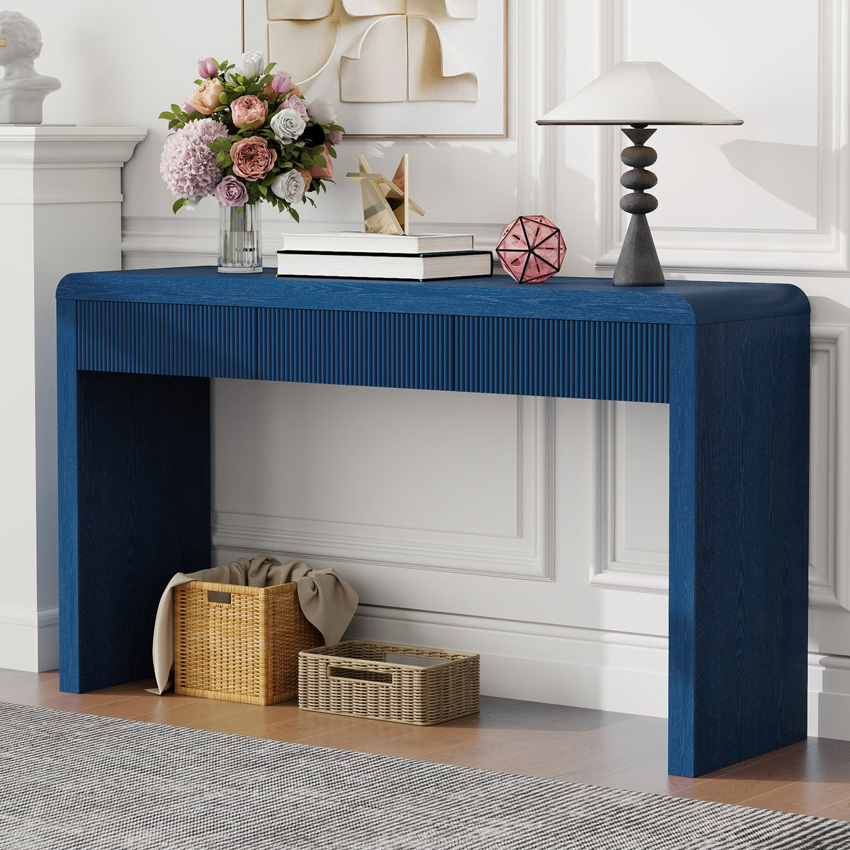 TREXM Rustic Console Table with 3 Fluted Drawers - Solid Wood Veneer Entryway Table Featuring Natural Wood Grain for Living Room, Hallway (Navy)