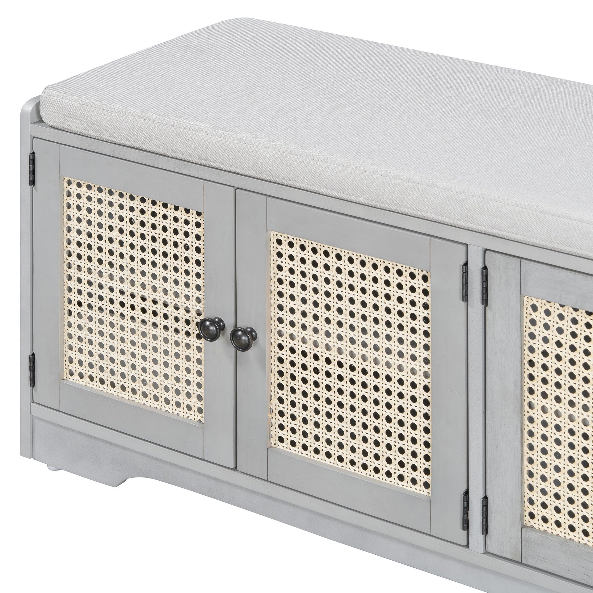 TREXM Rustic Storage Bench Multifunctional Wood Entryway Shoe Bench with Removable Cushion, Woven Rattan Doors & Adjustable Shelves for Hallway, Living Room (Gray Wash+Beige )